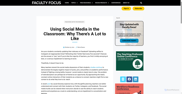 Security scan screenshot of https://www.facultyfocus.com/articles/teaching-with-technology-articles/using-social-media-classroom/