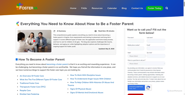 Security scan screenshot of https://www.fosterva.org/blog/everything-you-need-to-know-about-how-to-be-a-foster-parent