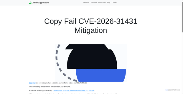 Security scan screenshot of https://debiansupport.com/blog/copy-fail-cve-2026-31431-mitigation/