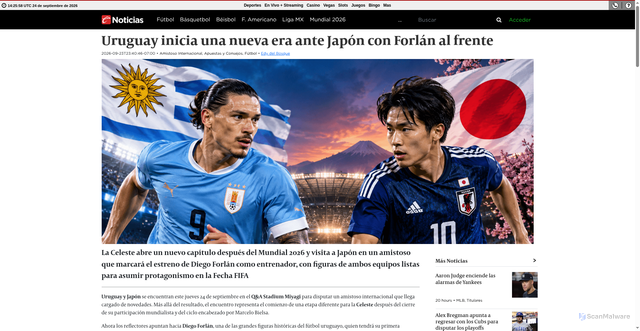 Security scan screenshot of https://news.caliente.mx/2026/09/23/cuando-juegan-uruguay-vs-japon-por-un-amistoso-internacional-equipo-fecha-hora-y-tv-en-vivo/