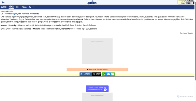 Security scan screenshot of https://m.maxifoot.fr/ligue-1/monaco-lyon-les-compos-probables-foot-447476.htm