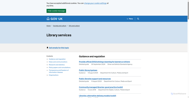 Security scan screenshot of https://www.gov.uk/society-and-culture/library-services