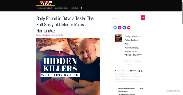 Security scan screenshot of https://www.truecrimetodaypod.com/body-found-in-d4vds-tesla-the-full-story-of-celeste-rivas-hernandez/