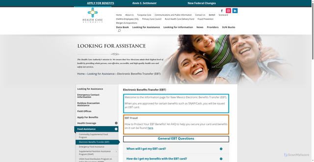 Security scan screenshot of https://www.hca.nm.gov/lookingforassistance/electronic-benefits-transfer-ebt/