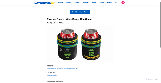 Security scan screenshot of https://ilovetheburg.com/event/rays-vs-braves-wade-boggs-can-cooler/