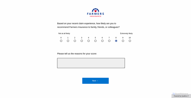 Security scan screenshot of https://farmers.qualtrics.com/jfe/form/SV_20iTtbgAJppEkyq?Q_DL=XgHJwwFgvWJ4B3b_20iTtbgAJppEkyq_CTR_6SgputimdT1WDq9&Q_CHL=email&Q_PopulateResponse=%7B%22QID1%22:%228%22%7D&Q_PopulateValidate=1