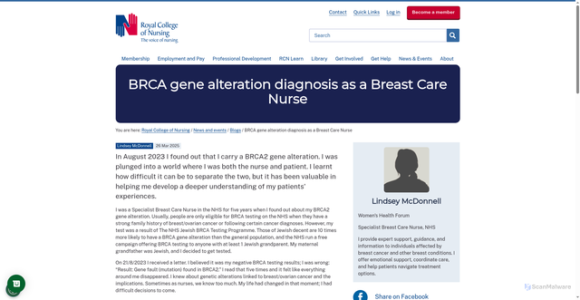 Security scan screenshot of https://www.rcn.org.uk/news-and-events/Blogs/brca-gene-alteration-diagnosis-as-a-breast-care-nurse-260325