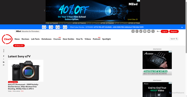 Security scan screenshot of https://www.cined.com/tag/sony-a7v/