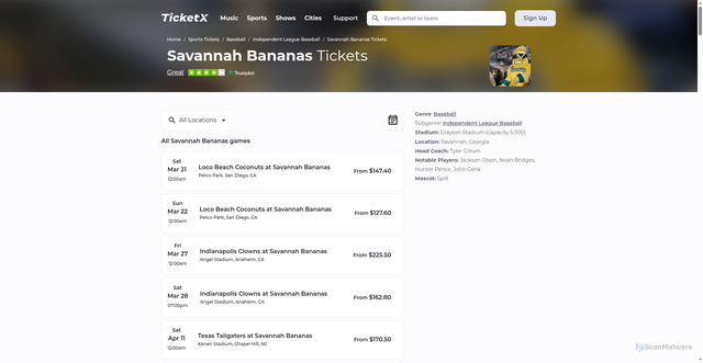 Security scan screenshot of https://ticketx.com/savannah-bananas-tickets