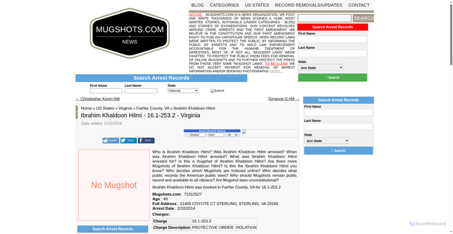 Security scan screenshot of https://mugshots.com/US-States/Virginia/Fairfax-County-VA/Ibrahim-Khaldoon-Hilmi.71312527.html