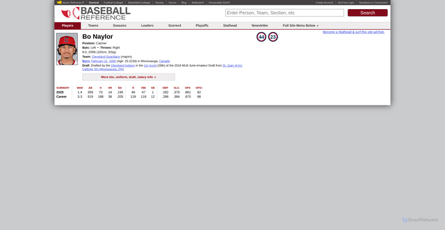 Security scan screenshot of https://www.baseball-reference.com/register/player.fcgi?id=naylor000noa