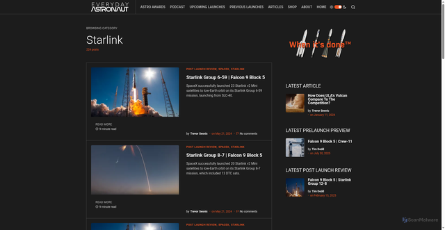 Security scan screenshot of https://everydayastronaut.com/category/starlink/