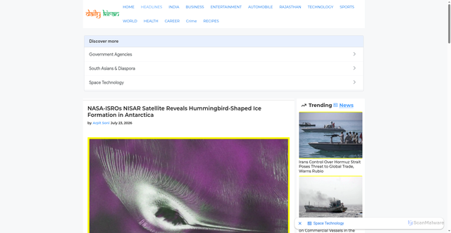 Security scan screenshot of https://dailykiran.com/nasa-isros-nisar-satellite-reveals-hummingbird-shaped-ice-formation-in-antarctica/