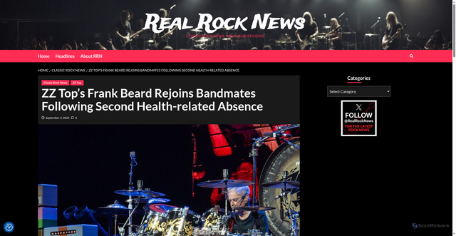 Security scan screenshot of https://www.realrocknews.com/zz-tops-frank-beard-rejoins-bandmates-following-second-health-related-absence/