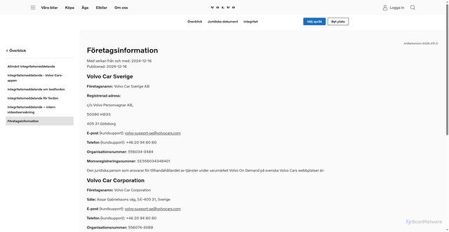 Security scan screenshot of https://www.volvocars.com/se/legal/privacy/privacy-terms-business-information