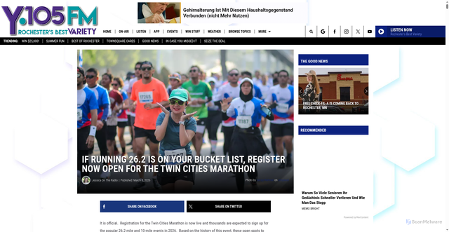 Security scan screenshot of https://y105fm.com/twin-cities-marathon-2026/