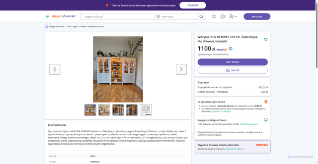 Security scan screenshot of https://allegrolokalnie.oferta-74523211.cfd/oferta/witryna-ikea-hemnes-270-cm-biala-bejca-lite-drewno-komplet/65030
