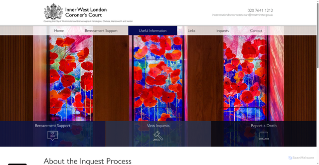 Security scan screenshot of https://www.westminstercoronerscourt.co.uk/useful-information/about-the-inquest-process/