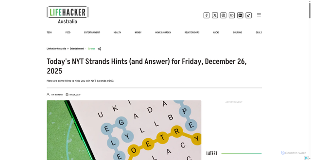 Security scan screenshot of https://au.lifehacker.com/strands/117029/feature/todays-nyt-strands-hints-and-answer-for-friday-december-26-2025