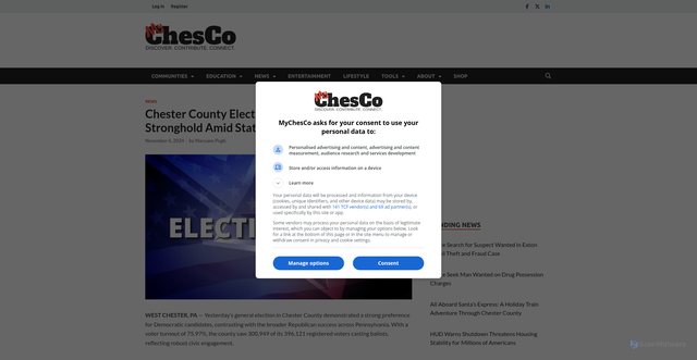 Security scan screenshot of https://www.mychesco.com/a/news/chester-county-election-results-democratic-stronghold-amid-statewide-republican-gains/