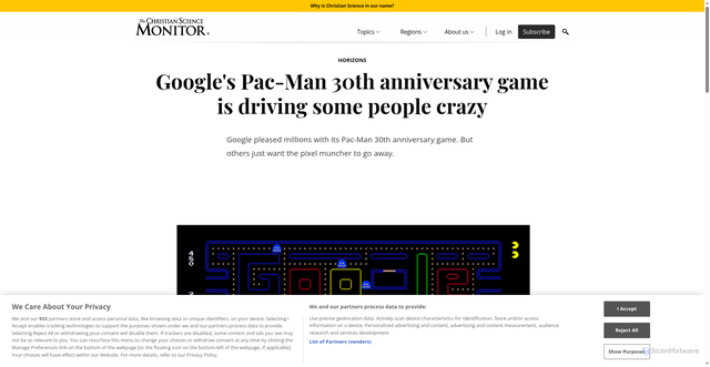 Security scan screenshot of https://www.csmonitor.com/Technology/Horizons/2010/0522/Google-s-Pac-Man-30th-anniversary-game-is-driving-some-people-crazy