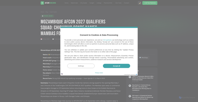 Security scan screenshot of https://afcontanzaniaguide.com/mozambique-afcon-2027-qualifiers-squad-conde-mambas/