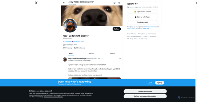 Security scan screenshot of https://x.com/guardsjoey