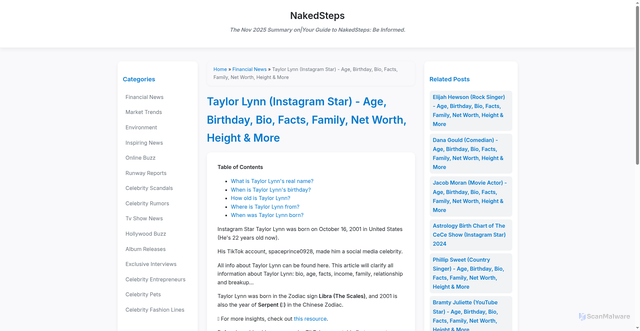 Security scan screenshot of https://moviezone-os57jj.pages.dev/taylor-lynn-instagram-star-age-birthday-bio-facts-family-net-worth-height-more/21033066