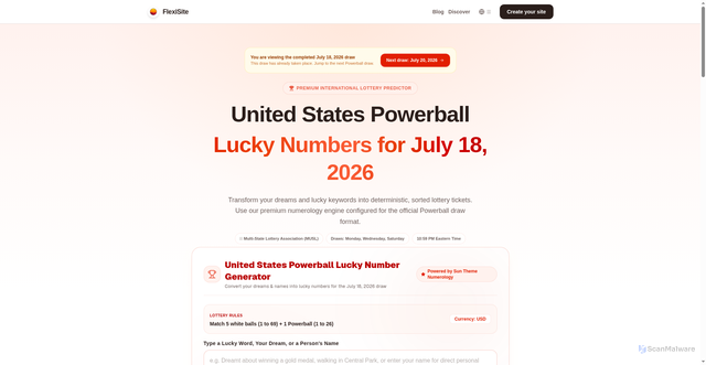 Security scan screenshot of https://flexisite.io/lottery/us/powerball/2026-07-18?locale=hi