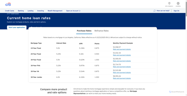 Security scan screenshot of https://www.citi.com/mortgage/purchase-rates