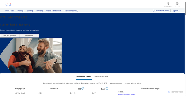 Security scan screenshot of https://www.citi.com/mortgage/purchase-rates
