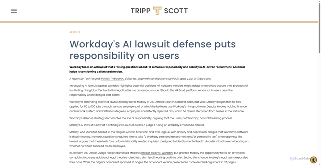 Security scan screenshot of https://www.trippscott.com/insights/workdays-ai-lawsuit-defense-puts-responsibility-on-users