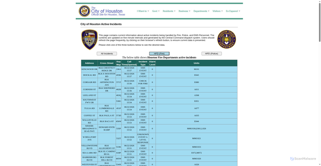 Security scan screenshot of https://cohweb.houstontx.gov/ActiveIncidents/Combined.aspx?agency=F