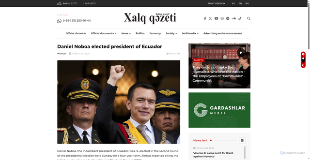 Security scan screenshot of https://www.xalqqazeti.az/en/dunya/221610-daniel-noboa-elected-president-of-ecuador