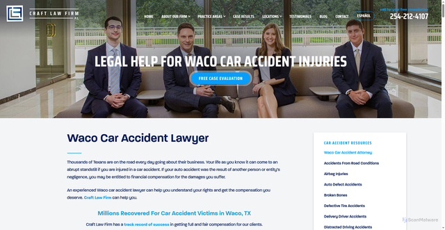 Security scan screenshot of https://www.craftlawfirm.com/waco-car-accidents/