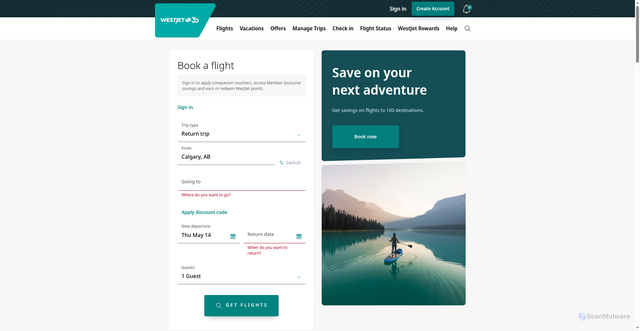 Security scan screenshot of https://westjet.com