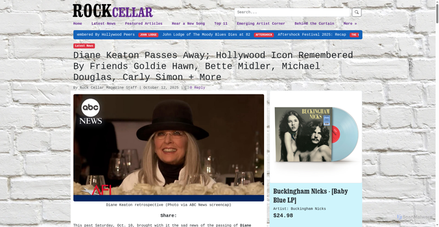 Security scan screenshot of https://rockcellarmagazine.com/diane-keaton-dies-obituary-tributes-hollywood-legend-2025/
