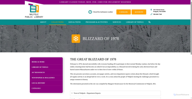 Security scan screenshot of https://www.walpolelibrary.org/collections/local-history/walpole-statistics/blizzard-of-1978/