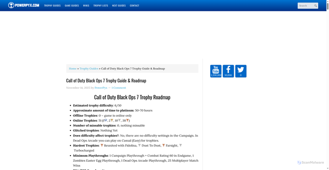 Security scan screenshot of https://www.powerpyx.com/call-of-duty-black-ops-7-trophy-guide-roadmap/