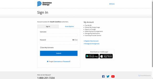 Security scan screenshot of https://account.dominionenergysc.com/