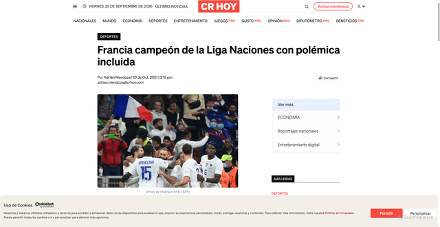Security scan screenshot of https://crhoy.com/deportes/francia-campeon-de-la-liga-naciones-con-polemica-incluida/
