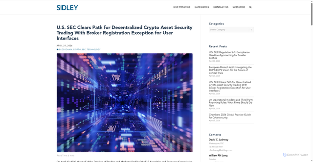 Security scan screenshot of https://datamatters.sidley.com/2026/04/21/u-s-sec-clears-path-for-decentralized-crypto-asset-security-trading-with-broker-registration-exception-for-user-interfaces/
