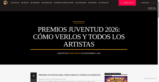 Security scan screenshot of https://www.be1radio.com/premios-juventud-2026-como-verlos-y-todos-los-artistas/