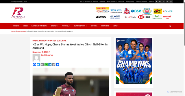Security scan screenshot of https://revsportz.in/nz-vs-wi-hope-chase-star-as-west-indies-clinch-nail-biter-in-auckland/