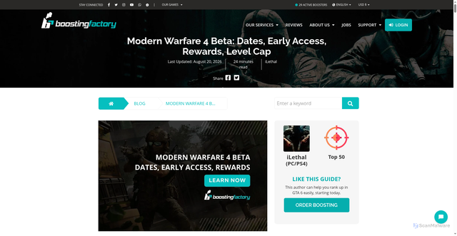 Security scan screenshot of https://www.boostingfactory.com/modern-warfare-4/blog/modern-warfare-4-beta-dates-early-access-rewards-level-cap-and-everything-we-know