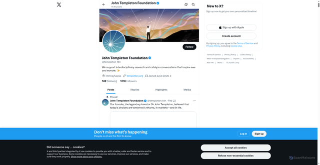 Security scan screenshot of https://x.com/templeton_fdn?utm_source=Receive+News+from+the+John+Templeton+Foundation&utm_campaign=e9b1dc20b6-EMAIL_CAMPAIGN_2026_templetonideas_20260318&utm_medium=email&utm_term=0_-42837b4b08-97355777