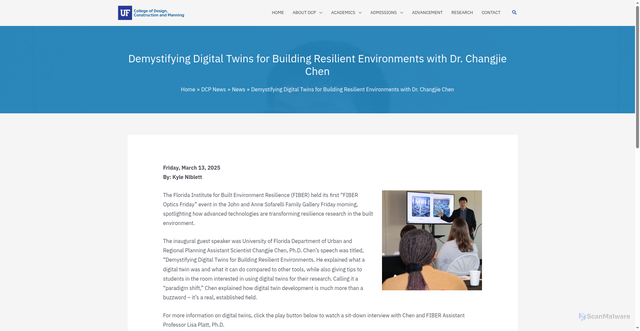 Security scan screenshot of https://dcp.ufl.edu/news/demystifying-digital-twins-for-building-resilient-environments-with-dr-changjie-chen/
