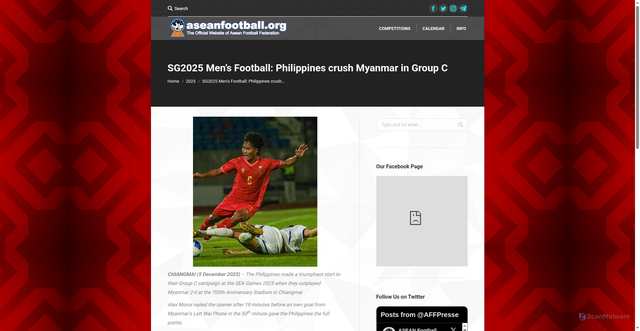 Security scan screenshot of https://www.aseanfootball.org/v3/sg2025-mens-football-philippines-crush-myanmar-in-group-c/