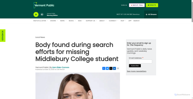 Security scan screenshot of https://www.vermontpublic.org/local-news/2025-10-23/missing-middlebury-college-student-police-expand