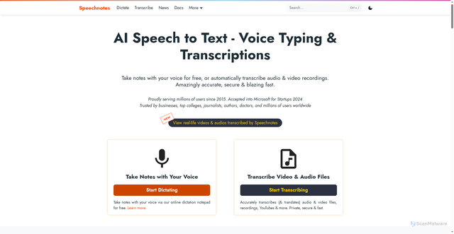 Security scan screenshot of https://speechnotes.co